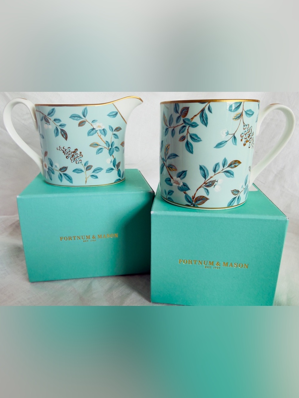 Fortnum & Mason Camellia Bone China 24k Gold Detail Mug & Creamer, Retail $129